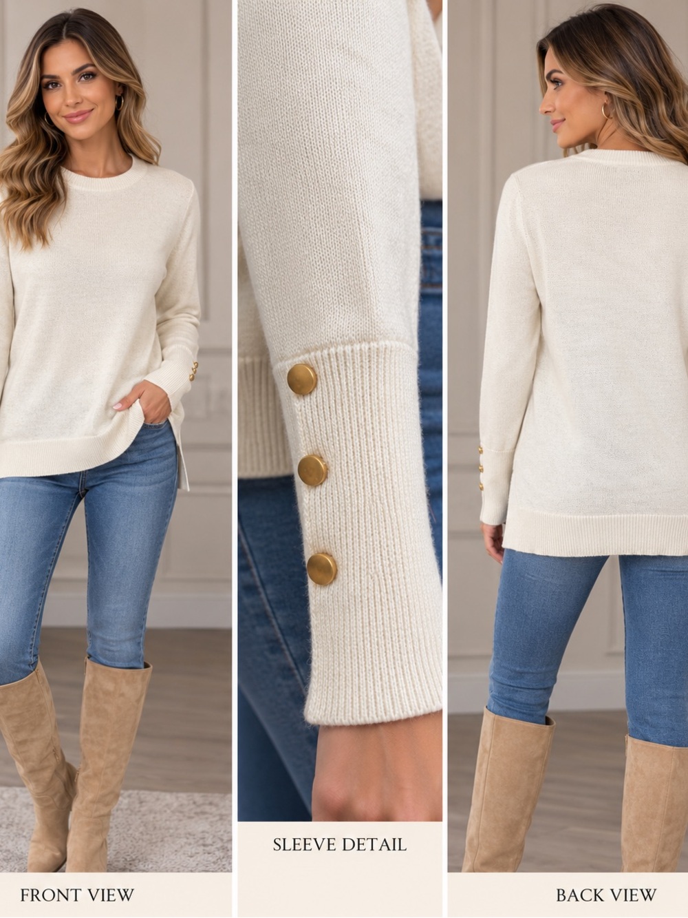 Philosophy Cream Crewneck Sweater with Gold Button Cuffs